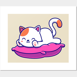 Cute Cat Laying On Pillow Cartoon Posters and Art